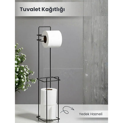 Black Toilet Paper Holder with Spare Roll Storage and Stand