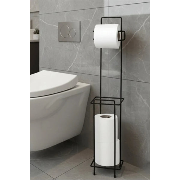 Black Toilet Paper Holder with Spare Roll Storage and Stand