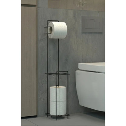 Black Toilet Paper Holder with Spare Roll Storage and Stand