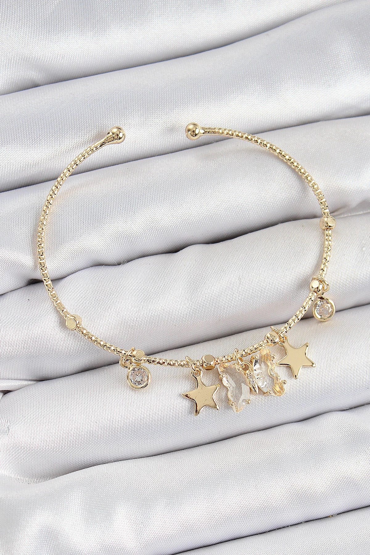 Mey İthalat® Pirinç Zirkon Taşlı Kelebek Ve Yıldız Model Gold Renk Charm Bileklik