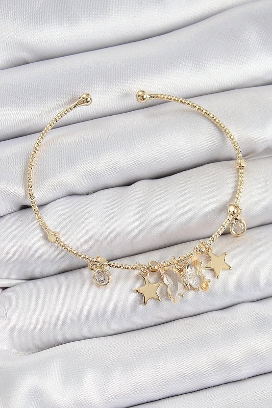 Mey İthalat® Pirinç Zirkon Taşlı Kelebek Ve Yıldız Model Gold Renk Charm Bileklik