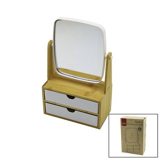 2 ÇEKMECELİ BAMBU AHŞAP STANDLI=9X9.9X17.8X21.5CM MAKYAJ AYNASI=15X18CM TAKILIK 1+1 ORGANİZER (5347)