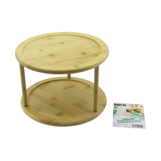 2 KATLI YUVARLAK=24.5CM DÖNER TABLALI AHŞAP BAMBU SUNUM TEPSİSİ - MİNİ SOFRA (5347)
