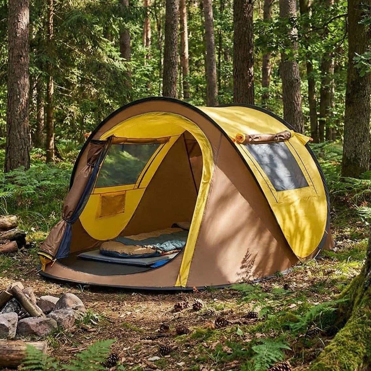 2 Kişilik Vagon Tipi Yarı Otomatik Kamp Çadırı - Çift Kapılı, Çift Pencereli, Hafif Taşınabilir Outdoor Doğa Çadırı 220x120x90 cm (5347)