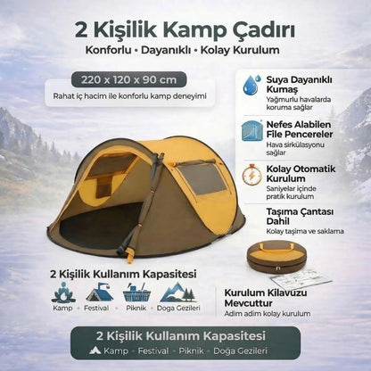 2 Kişilik Vagon Tipi Yarı Otomatik Kamp Çadırı - Çift Kapılı, Çift Pencereli, Hafif Taşınabilir Outdoor Doğa Çadırı 220x120x90 cm (5347)
