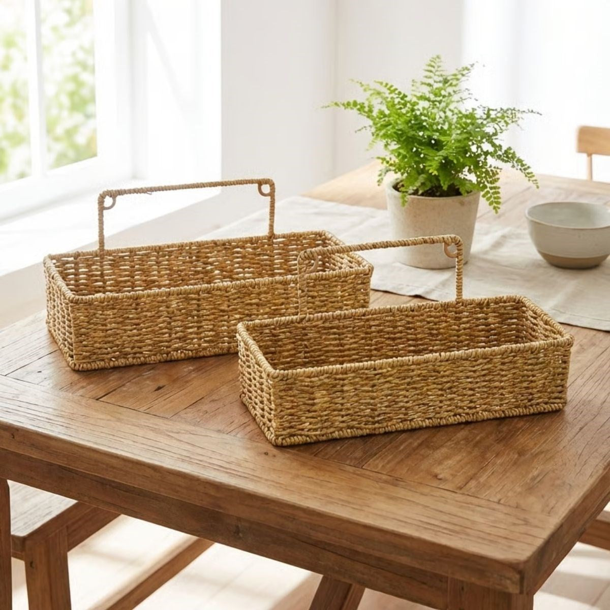 2 li Duvar Askılı Plastik Rattan Organizer - Dikdörtgen Hasır Görünümlü Mutfak Raf Sepeti, Banyo ve Ev İçi Düzenleme Ünitesi (5347)