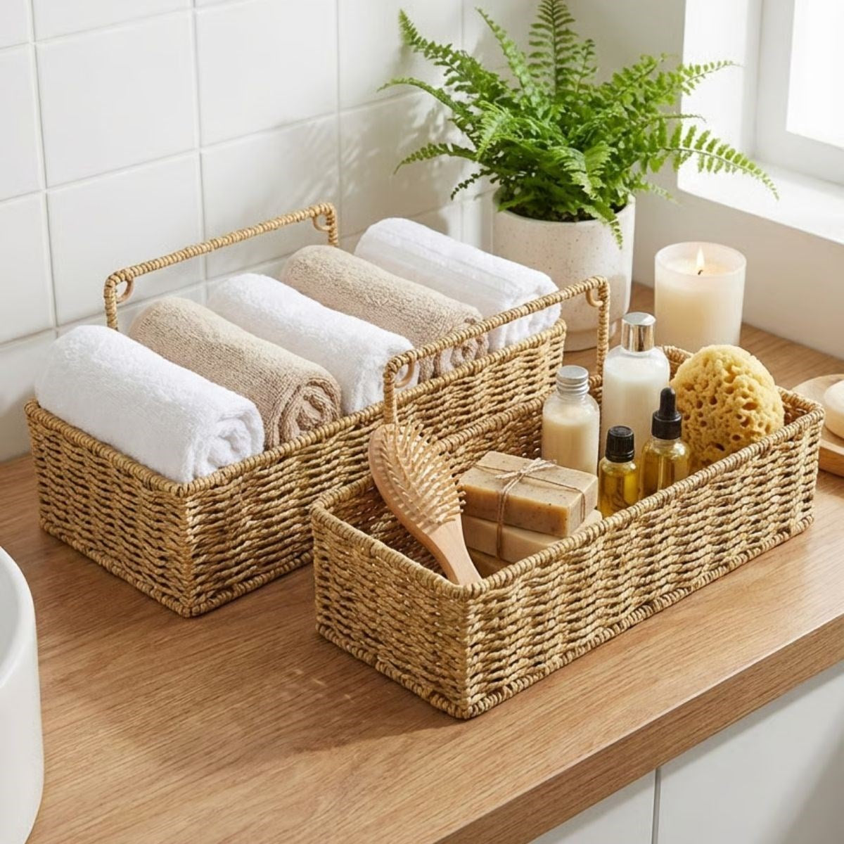 2 li Duvar Askılı Plastik Rattan Organizer - Dikdörtgen Hasır Görünümlü Mutfak Raf Sepeti, Banyo ve Ev İçi Düzenleme Ünitesi (5347)