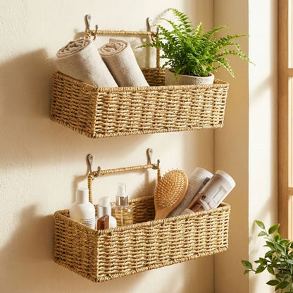 2 li Duvar Askılı Plastik Rattan Organizer - Dikdörtgen Hasır Görünümlü Mutfak Raf Sepeti, Banyo ve Ev İçi Düzenleme Ünitesi (5347)