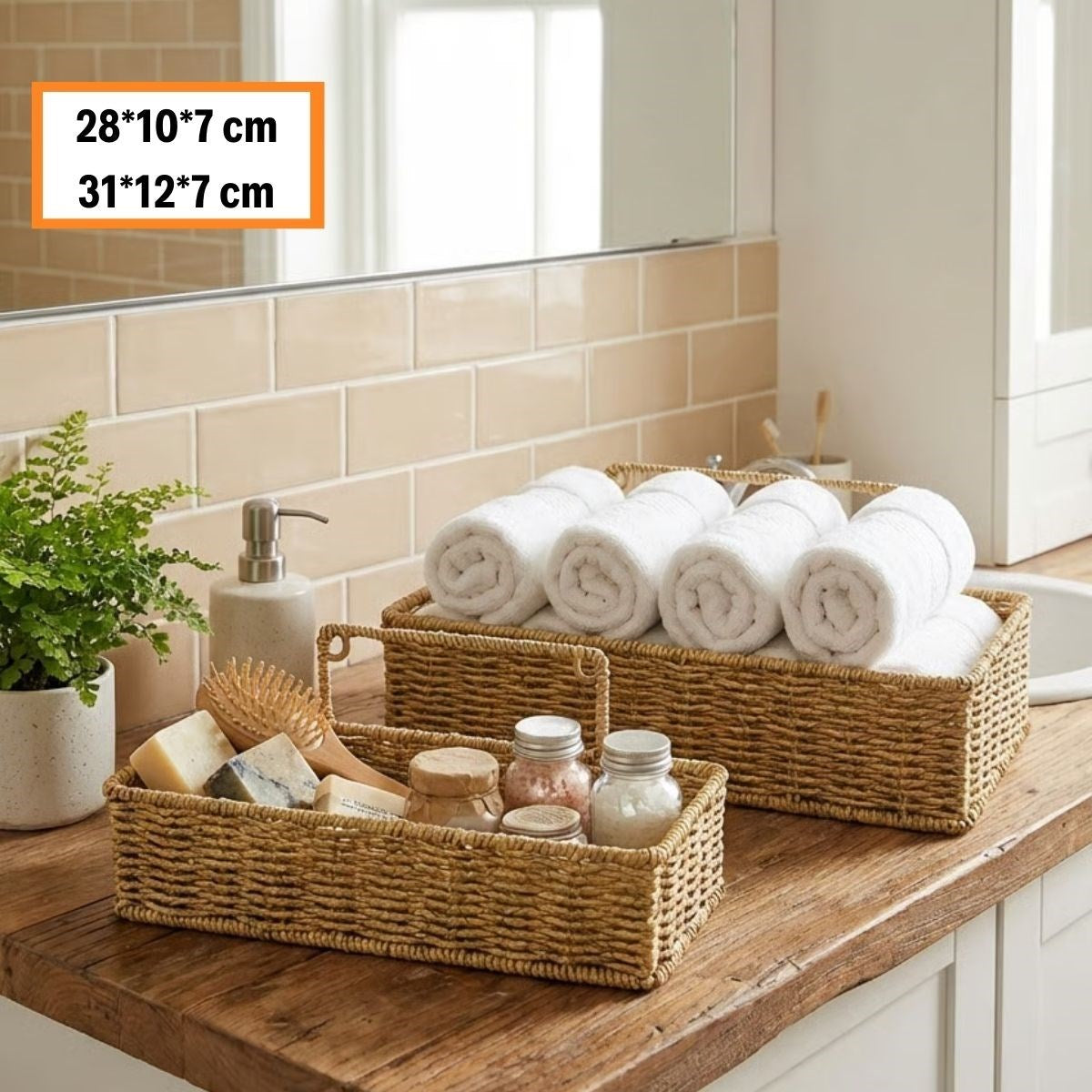 2 li Duvar Askılı Plastik Rattan Organizer - Dikdörtgen Hasır Görünümlü Mutfak Raf Sepeti, Banyo ve Ev İçi Düzenleme Ünitesi (5347)