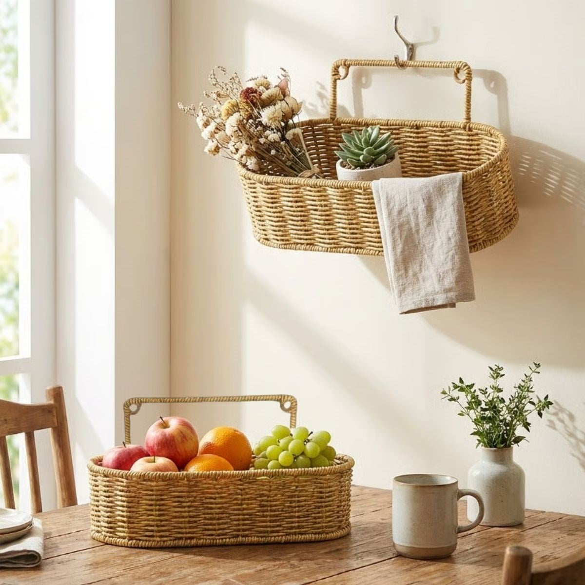 2 li Duvar Askılı Plastik Rattan Organizer - Oval Hasır Görünümlü Mutfak Raf Sepeti, Banyo ve Ev İçi Düzenleme Ünitesi (5347)