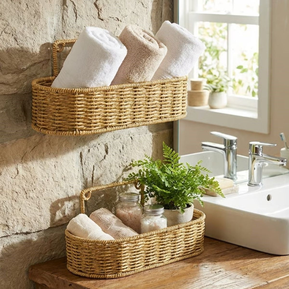 2 li Duvar Askılı Plastik Rattan Organizer - Oval Hasır Görünümlü Mutfak Raf Sepeti, Banyo ve Ev İçi Düzenleme Ünitesi (5347)