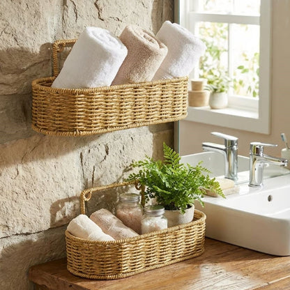 2 li Duvar Askılı Plastik Rattan Organizer - Oval Hasır Görünümlü Mutfak Raf Sepeti, Banyo ve Ev İçi Düzenleme Ünitesi (5347)