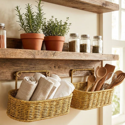 2 li Duvar Askılı Plastik Rattan Organizer - Oval Hasır Görünümlü Mutfak Raf Sepeti, Banyo ve Ev İçi Düzenleme Ünitesi (5347)