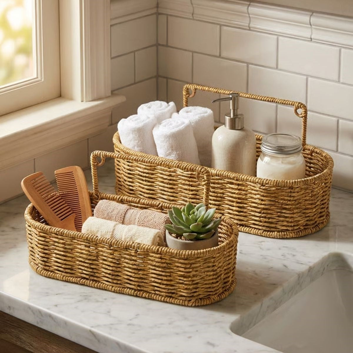 2 li Duvar Askılı Plastik Rattan Organizer - Oval Hasır Görünümlü Mutfak Raf Sepeti, Banyo ve Ev İçi Düzenleme Ünitesi (5347)