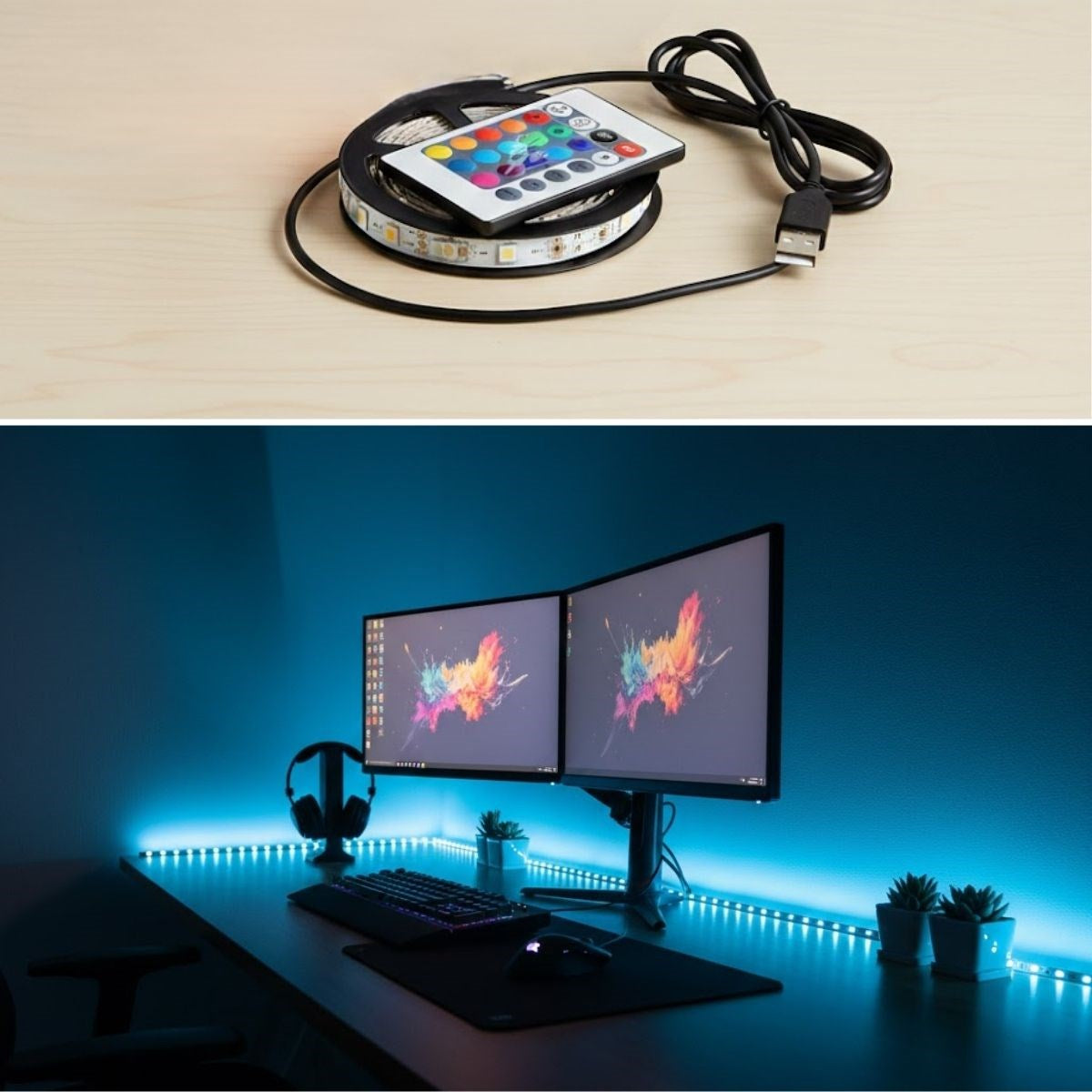 شريط إضاءة LED USB بجهاز تحكم عن بعد بطول 2 متر - إضاءة ديكورية قابلة لتعديل الألوان للأجواء المحيطة (5347)