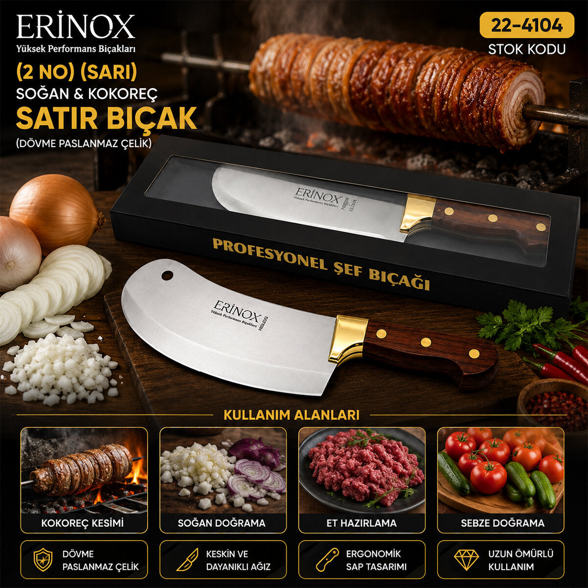 2 NO SARI SOĞAN - KOKOREÇ ZIRH SATIR BIÇAK DÖVME PASLANMAZ ÇELİK (5347)