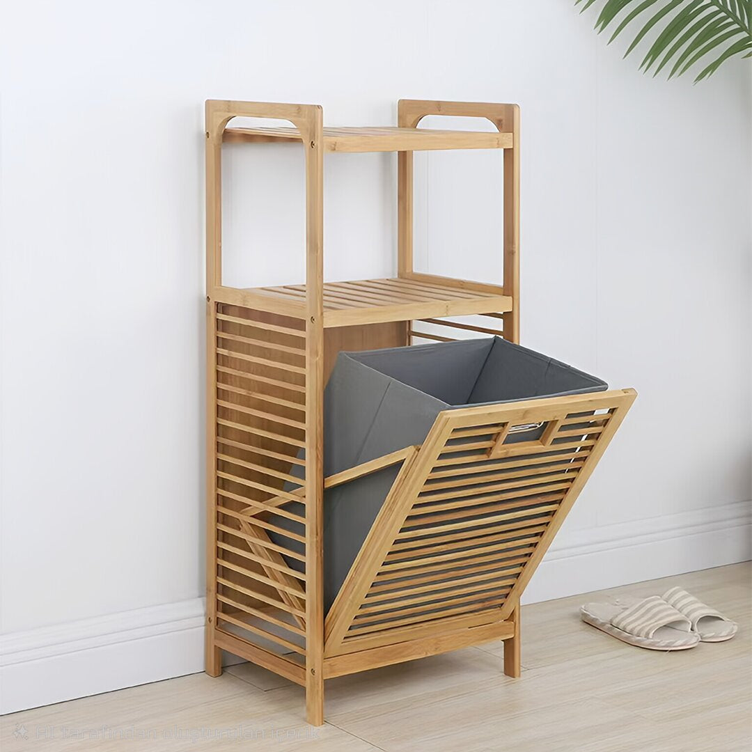 2 ORGANİZER RAFLI - ÇEK AÇ SEPET AHŞAP BAMBU KİRLİ ÇAMAŞIR SEPET 40X35X95CM (5347)