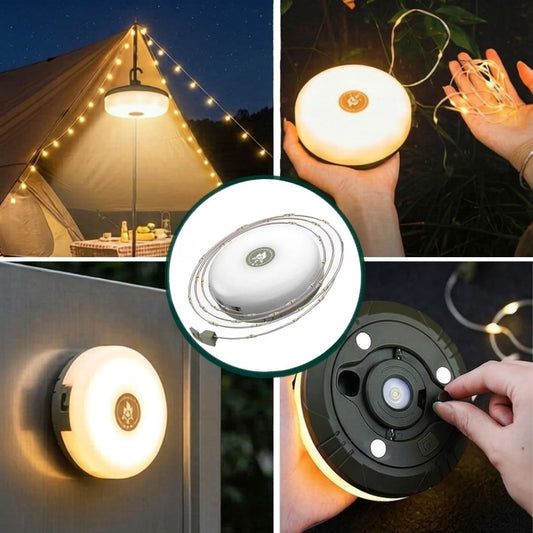 2 si 1 Arada 5 Farklı Işık Modlu Gün Işığı Şarjlı Kamp Lambası ve Makaralı 10 Metre Peri LED Işık - Su Geçirmez Mıknatıslı Aydınlatma Feneri (5347)