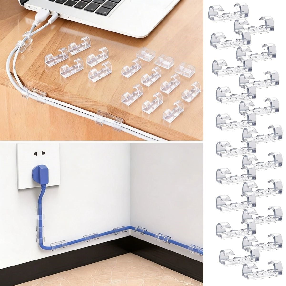 20 li Şeffaf Kablo Tutucu Klips - Kendinden Yapışkanlı Masaüstü Kablo Düzenleyici Aparat (5347)