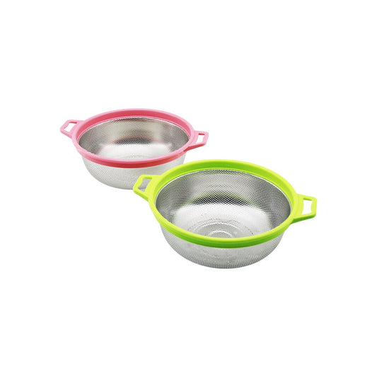 21CM COLORED PLASTIC FRAME - STEEL BASKET WITH HANDLE METAL STRAINER (5347)