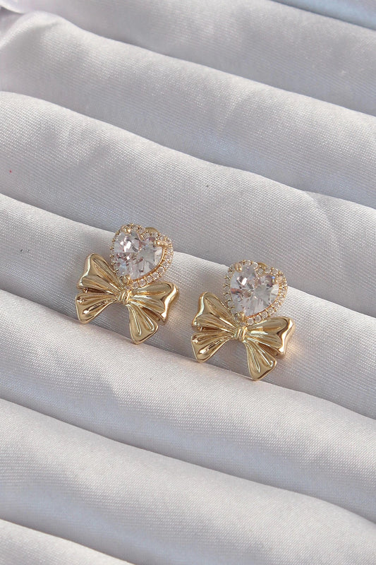 Mey İthalat® Pirinç Gold Renk Zirkon Taşlı Kalp Model Fiyonk Küpe