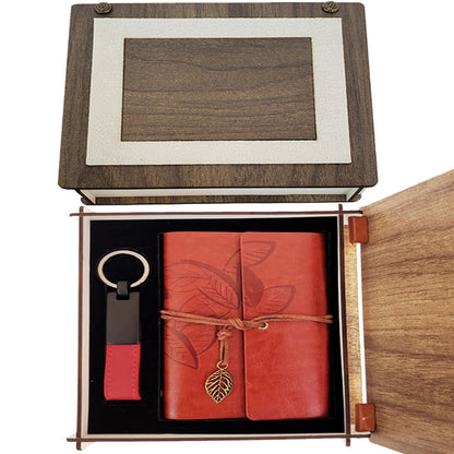 Tile Red Leather Notebook and Keychain Set with Special Wooden Box