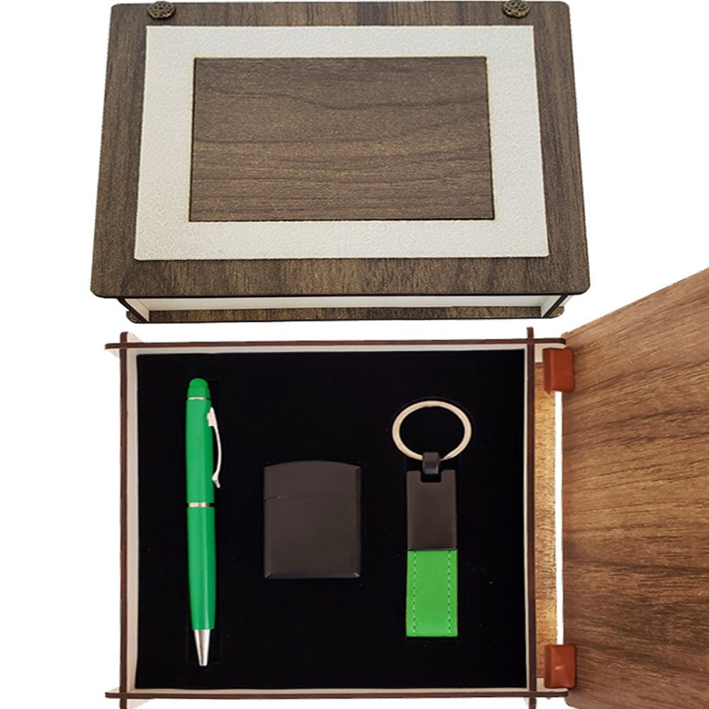 Green Keychain Pen and Lighter Set in a Special Wooden Box