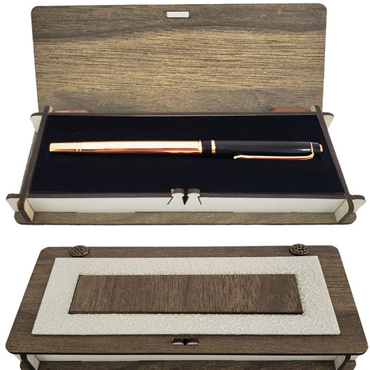 Copper-Colored Rollerball Pen with Wooden Leather Box