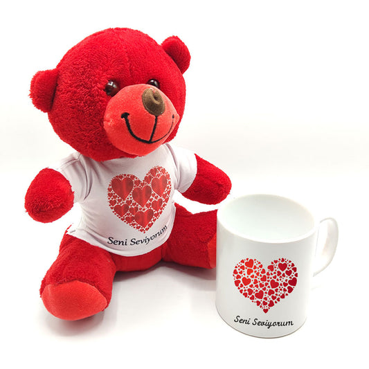 "I Love You" Printed Red Teddy Bear and Mug Set