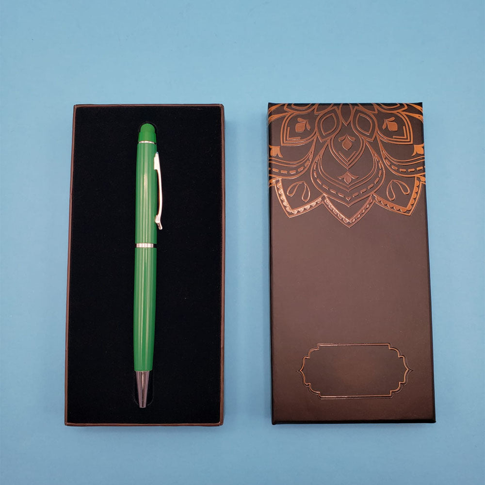 Green Touchpen Ballpoint Pen in Mandala Patterned Box