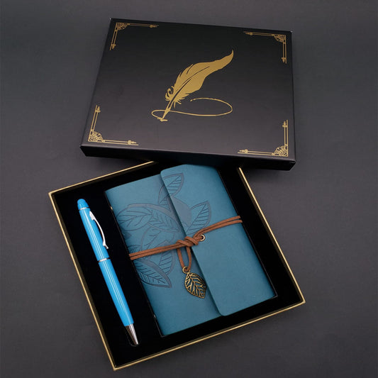 Blue Leather Notebook and Pen Set with Leaf Pattern in Black Box