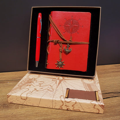 Red Compass Design Leather Notebook And Touchpen Set