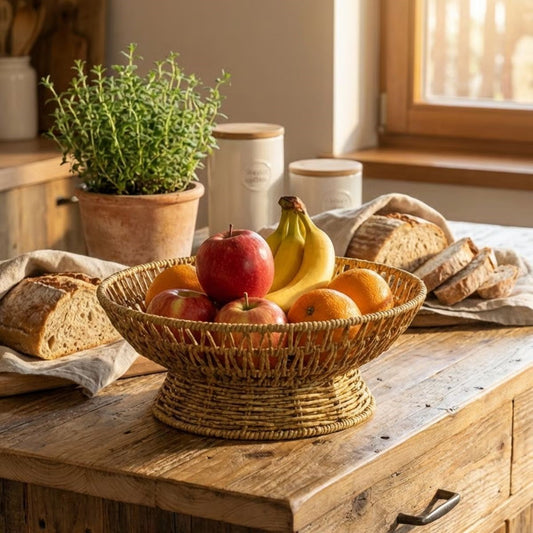 25 cm Plastik Rattan Servis Çanağı - Doğal Hasır Görünümlü Dekoratif Meyve, Ekmek ve Sunum Kasesi (5347)