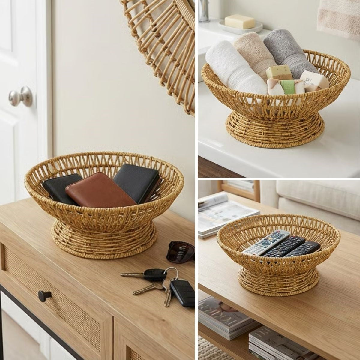 25 cm Plastik Rattan Servis Çanağı - Doğal Hasır Görünümlü Dekoratif Meyve, Ekmek ve Sunum Kasesi (5347)