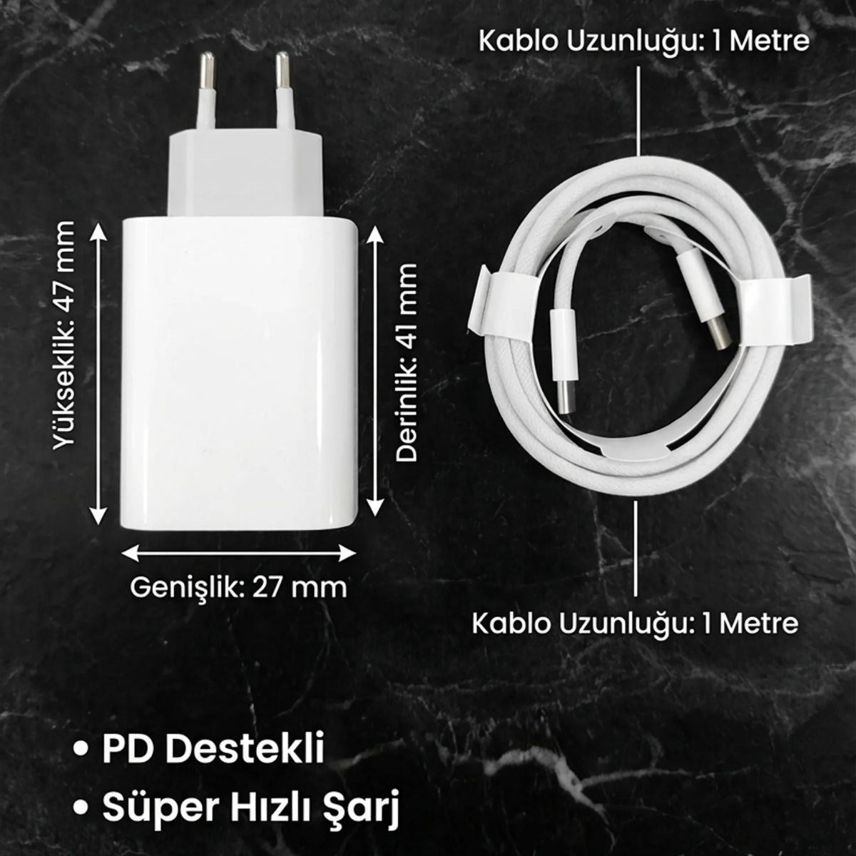 25W Hızlı Şarj Adaptörü USB-C to Type-C Kablolu - PD Destekli, Süper Hızlı Şarj Cihazı (5347)