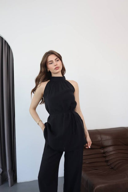 Kadın Halter Yaka Beli Kuşak Detaylı Ikili Takım
