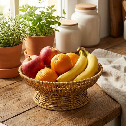 28 cm Plastik Rattan Servis Çanağı - Doğal Hasır Görünümlü Dekoratif Meyve, Ekmek ve Sunum Kasesi (5347)