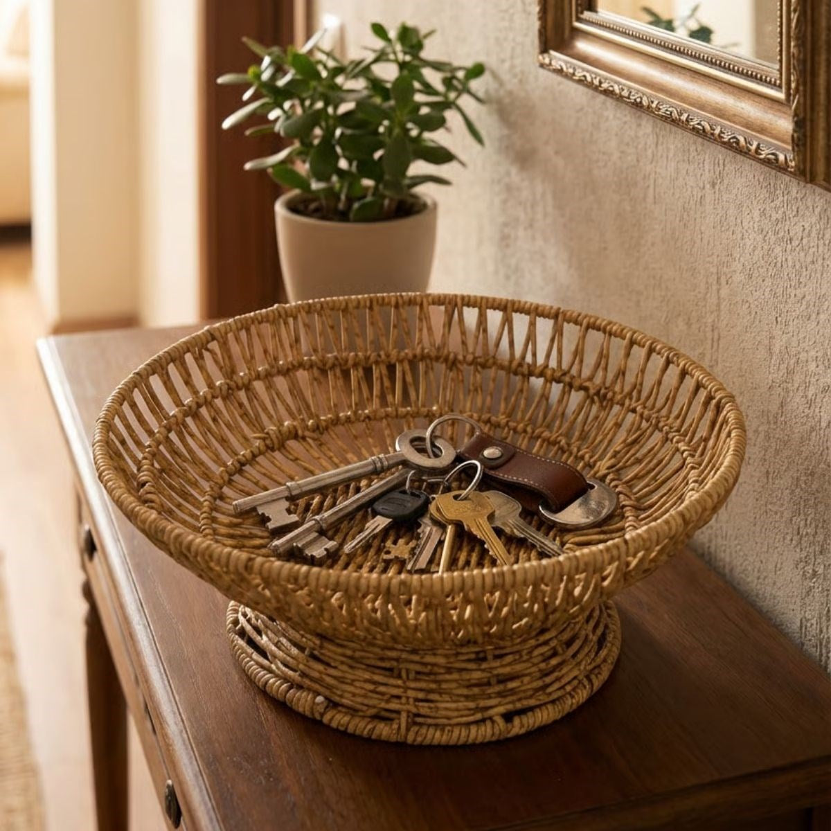 28 cm Plastik Rattan Servis Çanağı - Doğal Hasır Görünümlü Dekoratif Meyve, Ekmek ve Sunum Kasesi (5347)