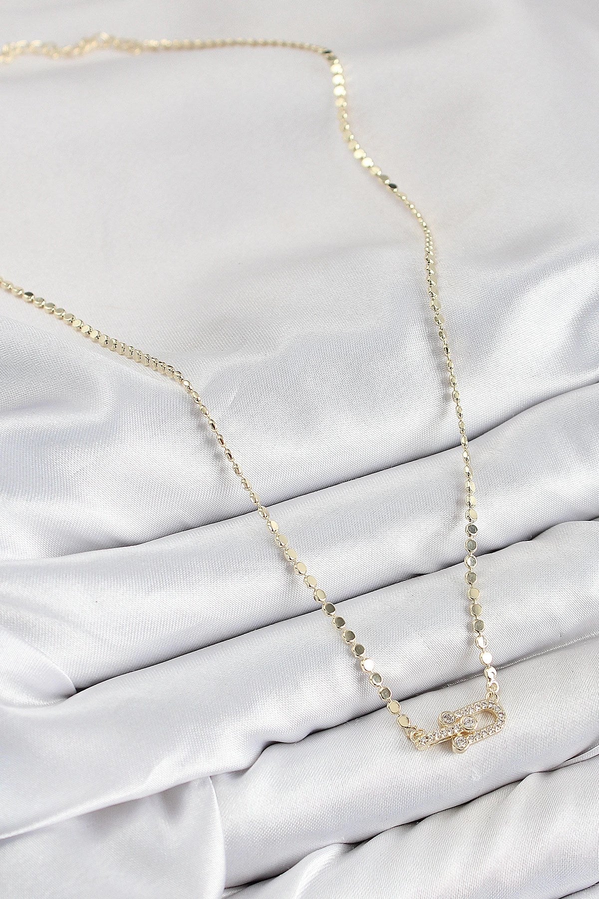 Mey İthalat® Pirinç Zirkon Taşlı Tifany Model Ezme Zincir Gold Renk Kadın Kolye
