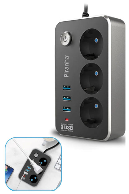 Starixa® Isıya Dayanıklı Termal Akım Korumalı 2 Mt 10A 2500W 3lü Priz ve 3 Usbi 21A Uzatma Kablosu