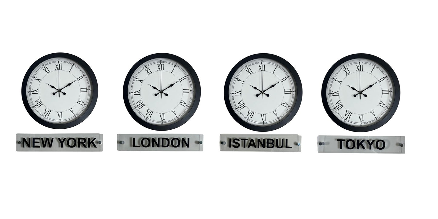 World Time Pro 4 lü Metal Siyah 36 cm Dünya Duvar Saati