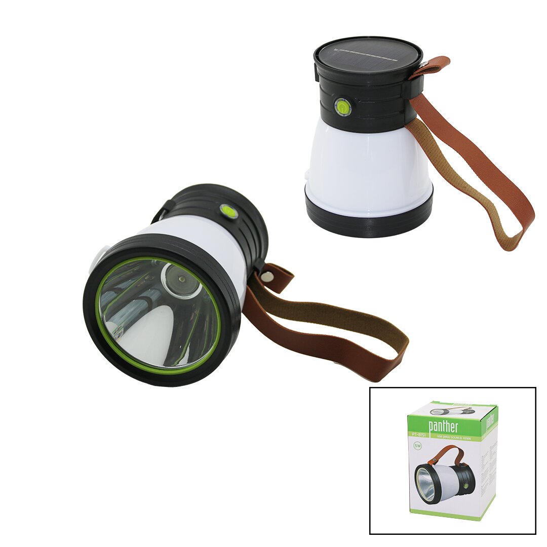 مصباح كشاف 2 في 1 بقوة 15 واط + إضاءة 360 درجة، شحن شمسي - USB، باور بانك 500 لومن، قابل لتعديل الإضاءة، فلاش، مقبض من الجلد الصناعي PT-8151 (5347)