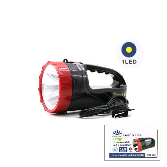 2W TEK LEDLİ EL FENERİ PROJEKTÖR FİŞ ŞARJLI 2 KADEME IŞIK AYARI GK-6665 (5347)