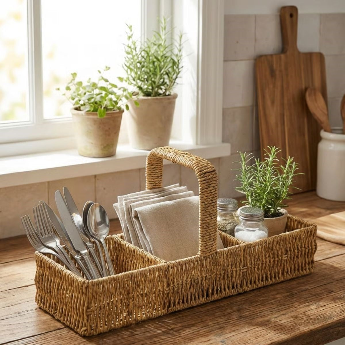 3 Bölmeli Plastik Rattan Düzenleyici-Saplı Masaüstü Organizer, Mutfak Kaşık Çatal Sepeti, Banyo & Ofis Çok Amaçlı Sunum Standı (5347)
