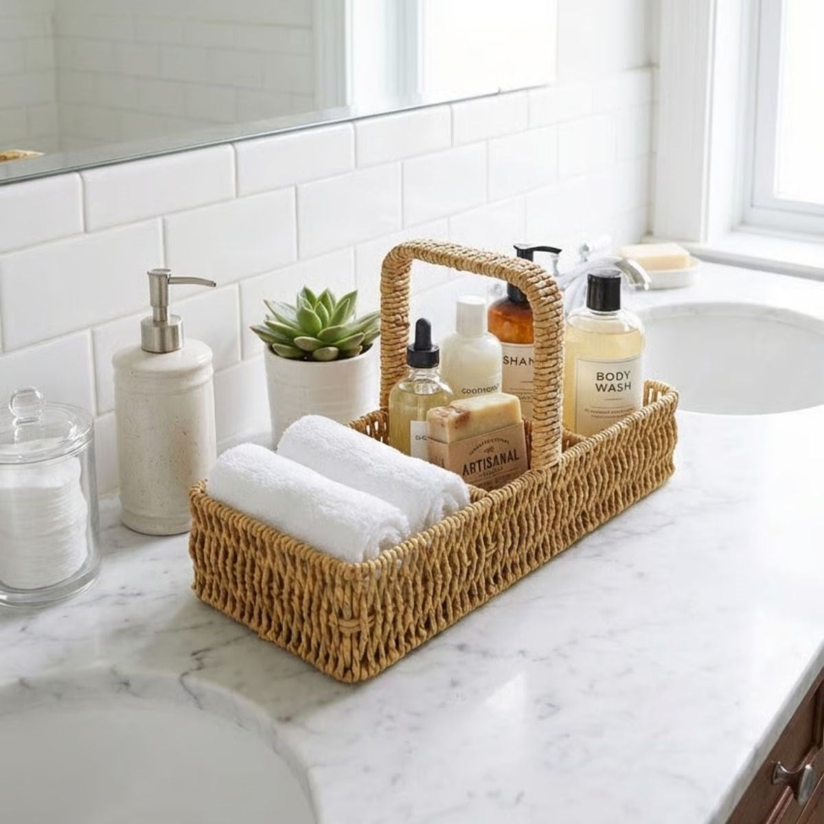 3 Bölmeli Plastik Rattan Düzenleyici-Saplı Masaüstü Organizer, Mutfak Kaşık Çatal Sepeti, Banyo & Ofis Çok Amaçlı Sunum Standı (5347)