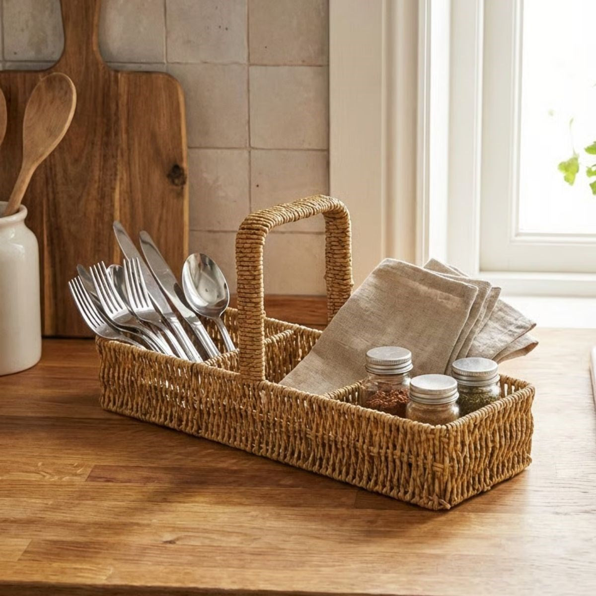 3 Bölmeli Plastik Rattan Düzenleyici-Saplı Masaüstü Organizer, Mutfak Kaşık Çatal Sepeti, Banyo & Ofis Çok Amaçlı Sunum Standı (5347)
