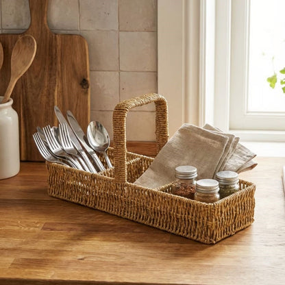 3 Bölmeli Plastik Rattan Düzenleyici-Saplı Masaüstü Organizer, Mutfak Kaşık Çatal Sepeti, Banyo & Ofis Çok Amaçlı Sunum Standı (5347)