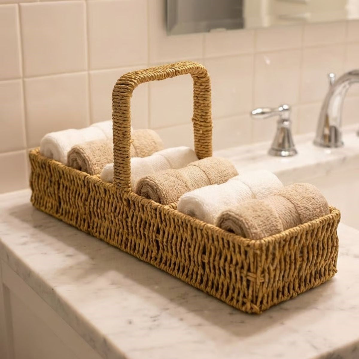3 Bölmeli Plastik Rattan Düzenleyici-Saplı Masaüstü Organizer, Mutfak Kaşık Çatal Sepeti, Banyo & Ofis Çok Amaçlı Sunum Standı (5347)