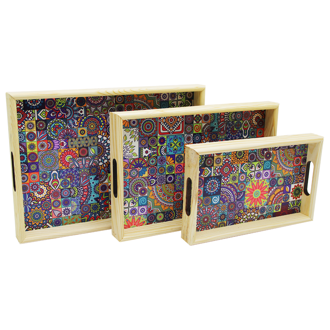 3 PIECE WOODEN TRAY WITH PATTERNED BOTTOM 16X26 - 21X31 - 24X34CM (5347)