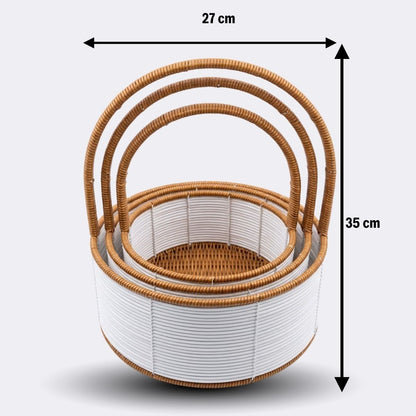 3 Boy İç İçe Geçebilen Plastik Rattan Sepetler-Beyaz Renkli,Kahverengi Saplı, Çok Amaçlı Düzenleyici ve Sunum Sepeti Seti (5347)